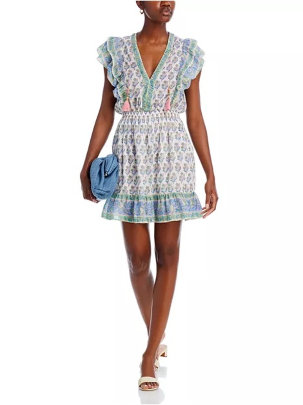 NEW BELL Phoebe Ruffle Mini Dress V-Neckline in Blue and Green Florals M
